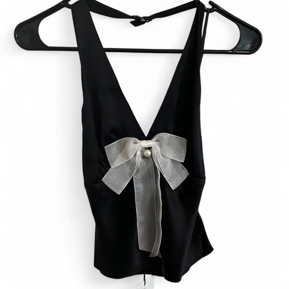 Reformation Tops - Black Satin V-Neck Tank with Silver Bow Accent